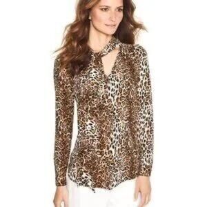White House Black Market Leopard Print Long Sleeve Button-Up Blouse With Scarf